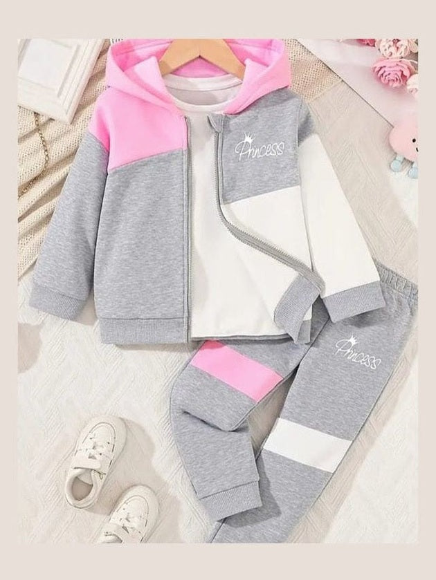 Children's two-piece outfit with pink and gray design on a light background